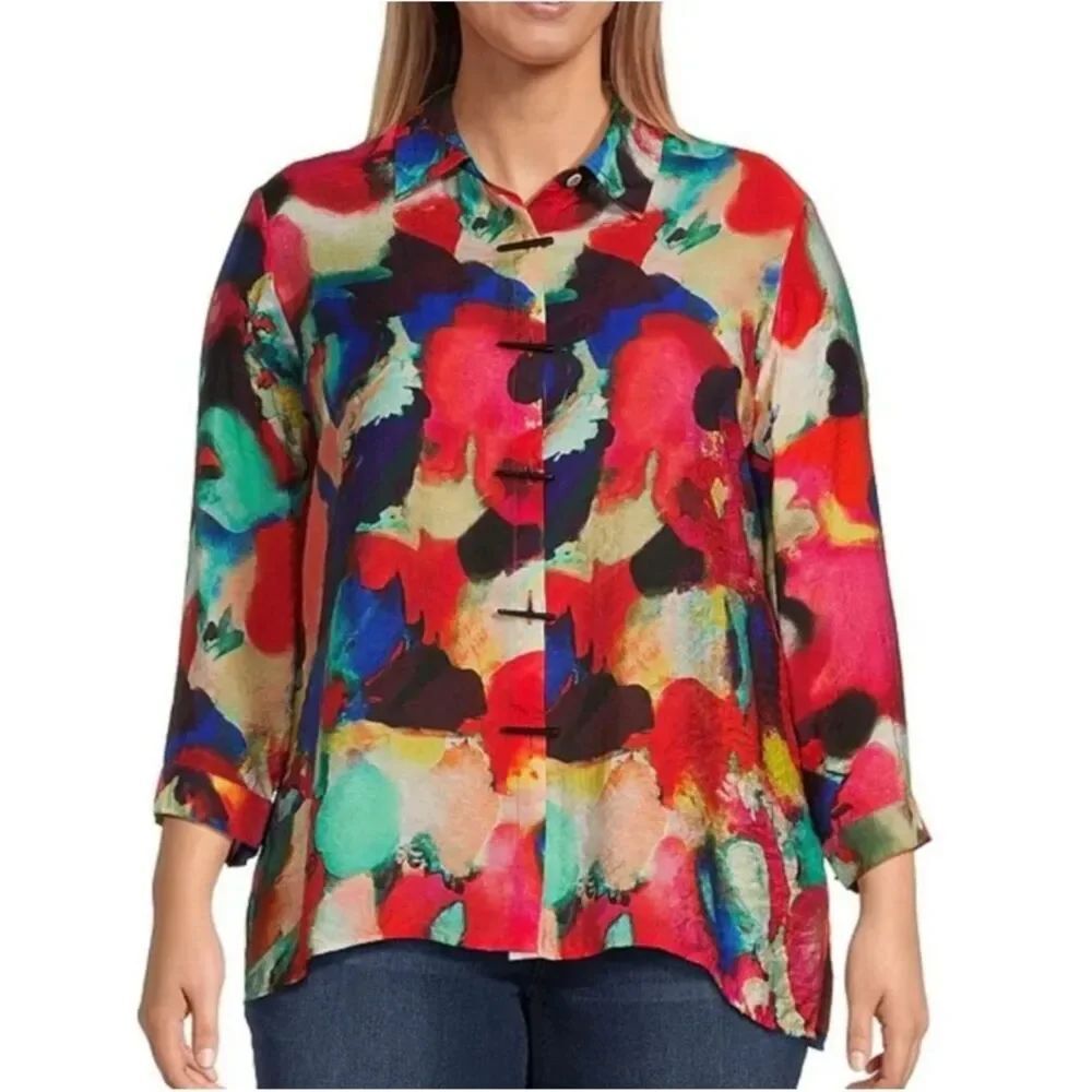 Ali Miles Abstract Multi Print Point Collar Neck 3/4 Sleeve
